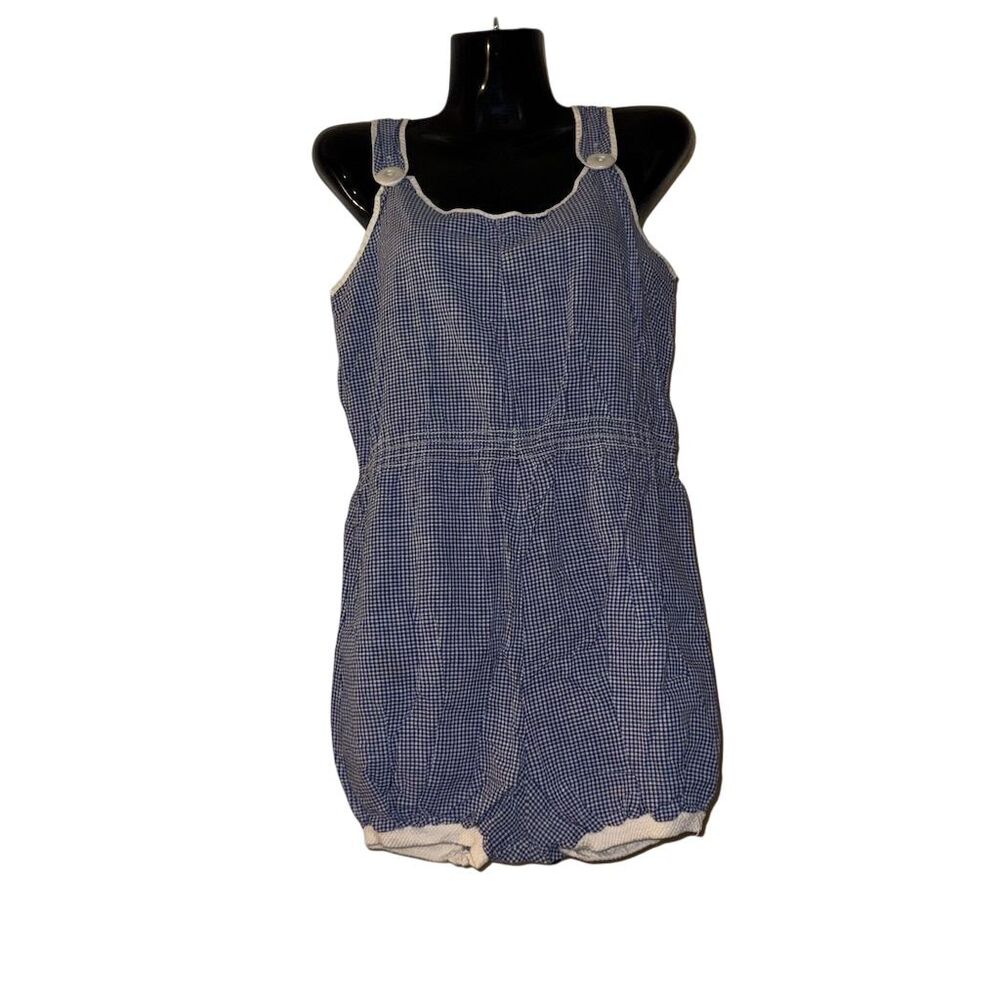 Vintage Blue White Gingham Checkered Button Strap Bubble Hem Romper Sunsuit